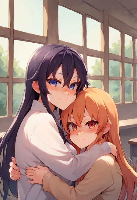 score_9, score_8_up, score_7_up, Asanagi Style, 2 girls, hug, long hair, blush, smile, shirt, long sleeves, Expressiveh
