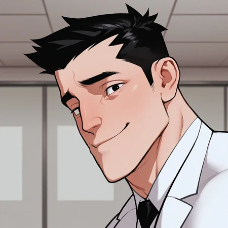 masterpiece, best quality, absurdres, newest, perfect quality, best quality, absolutely eye-catching, detailed background, intricate details, bara, 1boy, happy, eyes open, male, male focus, solo, mature, black hair, short hair, black eyes, (((white shirt))), black necktie, lab coat, white lab coat, black pants, muscular, large biceps, face close-up, portrait, looking at viewer, side view, very awa, best quality, absurdres, newest, perfect quality, detailed background, intricate details, (artist:rokudenashi:0.8), (artist:dizdoodz:0.7), (artist:gomtang:0.6)