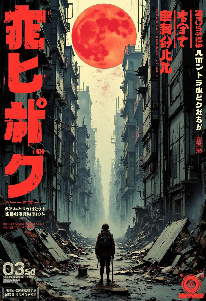 Japanese Manga style Poster with bold large fonts and graphics, Dark dreary and depressing post apocalyptic ruined and destroyed dreamlike misty and liminal cyberpunk futuristic dystopian industrial abandoned vacant and empty liminal lost and forgotten.