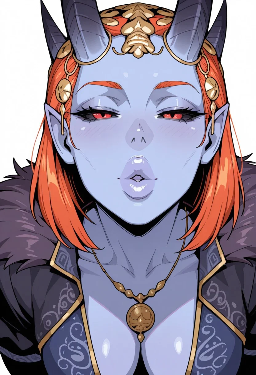 pov, incoming kiss, looking at viewer, puckered lips, thick lips, parted lips, half-closed eyes
1girl, solo, white background, seductive smile, portrait, 
blue skin, demon girl, pointy ears, demon horns, orange hair, medium hair, hair ornament, red eyes, black sclera, 
blue dress, fur trim, black sleeves, puffy sleeves, plunging neckline, cleavage, necklace, 
masterpiece, best quality, <lora:mizoraBG3-guy90-Illust-LoraV101:1>, arozim