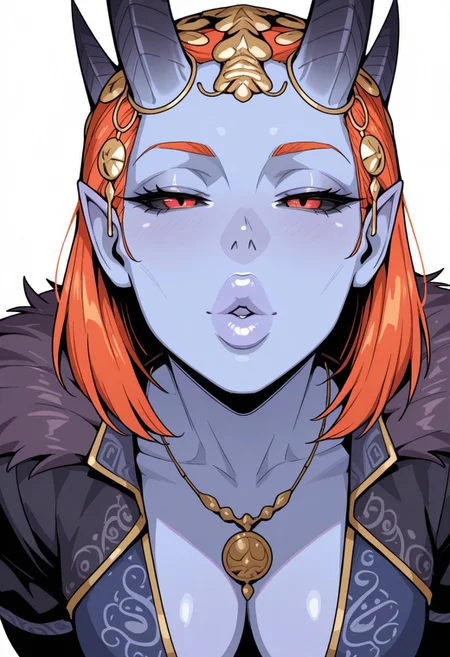 pov, incoming kiss, looking at viewer, puckered lips, thick lips, parted lips, half-closed eyes
1girl, solo, white background, seductive smile, portrait, 
blue skin, demon girl, pointy ears, demon horns, orange hair, medium hair, hair ornament, red eyes, black sclera, 
blue dress, fur trim, black sleeves, puffy sleeves, plunging neckline, cleavage, necklace, 
masterpiece, best quality, <lora:mizoraBG3-guy90-Illust-LoraV101:1>, arozim