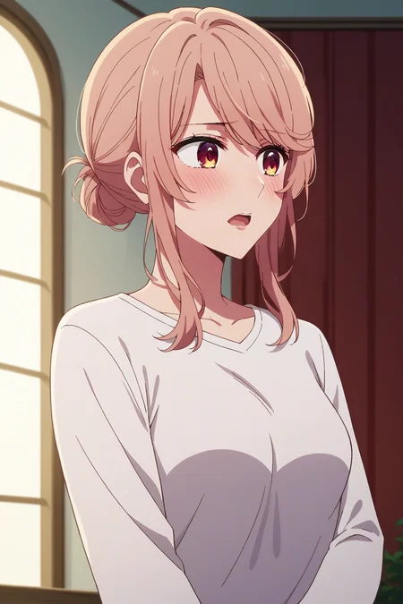 score_9, score_8_up, score_7_up, source_anime, 1girl, prefect lighting, very aesthetic, intricate details, highly detailed background, masterpiece, high quality, prefect hands, best quality, solo,
<lora:Miyako_Saitou_Oshi_No_Ko_V1:.85>, KJOmiyako, swept bangs, peach hair, red eyes, long hair,
white shirt, oversized shirt, hair bun, bare legs,
covering privates, embarrassed, looking to the side, open mouth, blush,
bedroom,
(Beautiful, medium Breasts:1.2), natural breasts,