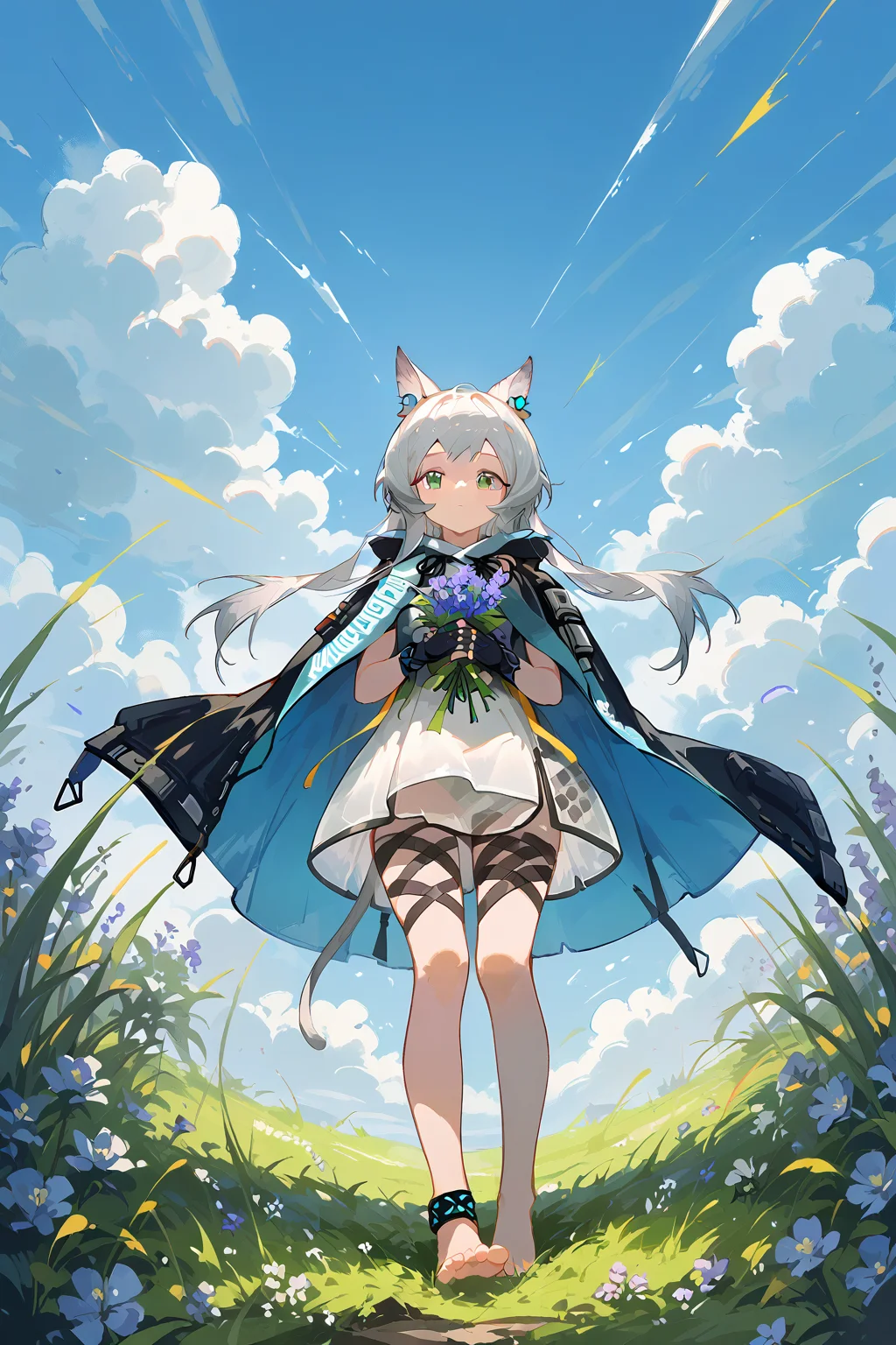 (score_9,score_8_up,score_7_up),<lora:Rosmontis(Arknights)-v1:1>,Rosmontis(Arknights),1girl,rosmontis (arknights),solo,animal ears,flower,fingerless gloves,long hair,holding,gloves,green eyes,dress,cat ears,black gloves,white dress,outdoors,grass,white hair,holding flower,bangs,thigh strap,hood down,bouquet,standing,hood,jacket,sky,holding bouquet,cat girl,cloud,grey hair,closed mouth,cloak,hooded cloak,black jacket,day,infection monitor (arknights),blue flower,animal ear fluff,
good feet,anime,NSFW,expressive,amazing quality,ultra hd 32k,