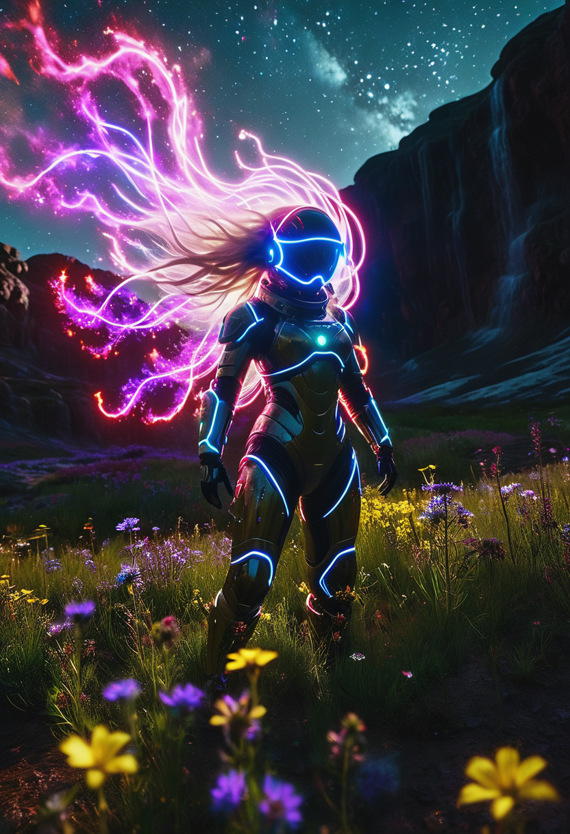 light painting of grasslands cinematic film still of space suit  woman in flower garaden, A silhouette photo of a woman ,1girl,long hair, (wind:1.15),gritty, epic scene, dramatic lighting, cinematic, pale skin, imperfections, (8K resolution), establishing shot, high textures,  leica, subsurface scattering, ,CINEMATIC,MOVIE STILL,CHROMATIC ABERRATION,REALISTIC,,amazing, cinematic, intricate, artistic,  extremely inspirational, epic scene, cinematic,, high textures, red stardust,