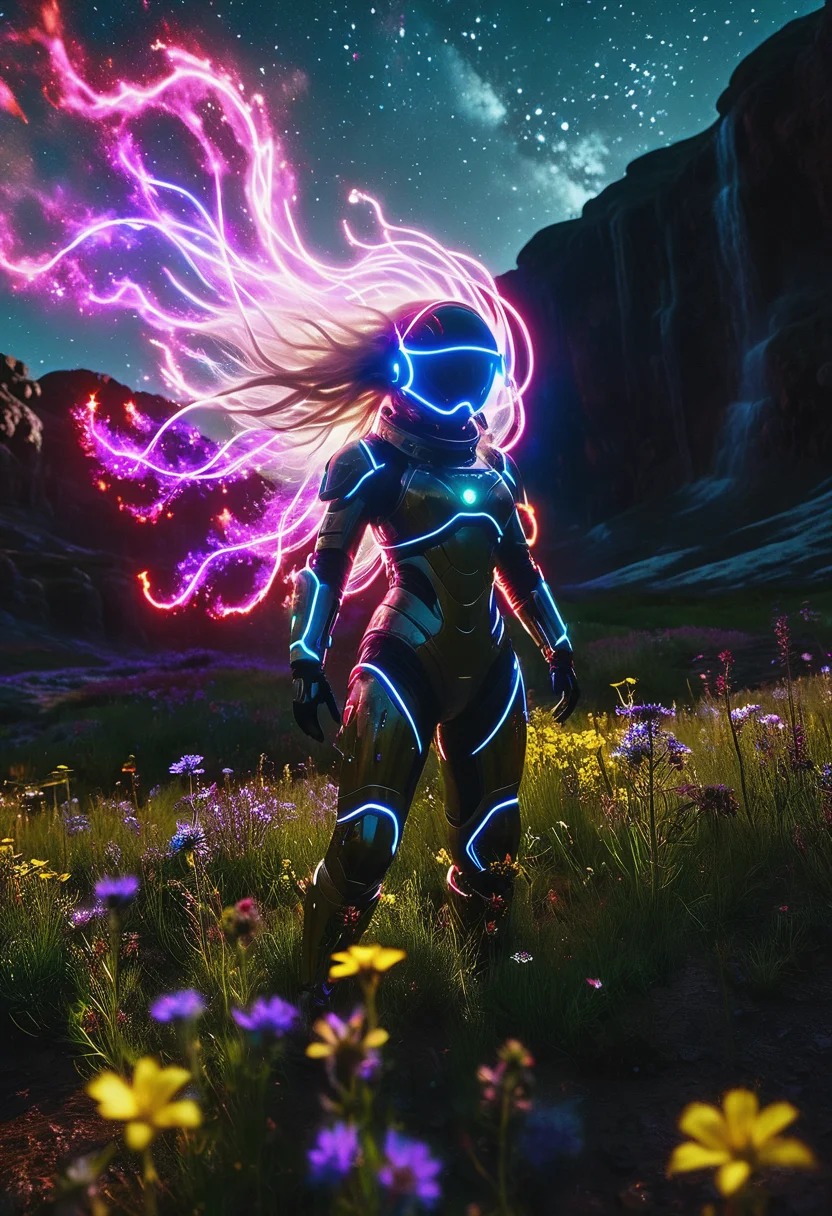 light painting of grasslands cinematic film still of space suit woman in flower garaden, A silhouette photo of a woman ,1girl,long hair, (wind:1.15),gritty, epic scene, dramatic lighting, cinematic, pale skin, imperfections, (8K resolution), establishing shot, high textures, leica, subsurface scattering, ,CINEMATIC,MOVIE STILL,CHROMATIC ABERRATION,REALISTIC,,amazing, cinematic, intricate, artistic, extremely inspirational, epic scene, cinematic,, high textures, red stardust,