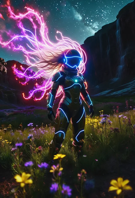 light painting of grasslands cinematic film still of space suit woman in flower garaden, A silhouette photo of a woman ,1girl,long hair, (wind:1.15),gritty, epic scene, dramatic lighting, cinematic, pale skin, imperfections, (8K resolution), establishing shot, high textures, leica, subsurface scattering, ,CINEMATIC,MOVIE STILL,CHROMATIC ABERRATION,REALISTIC,,amazing, cinematic, intricate, artistic, extremely inspirational, epic scene, cinematic,, high textures, red stardust,