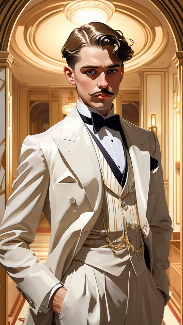 Create an 8K anime illustration, fusing John Singer Sargent's artistry with anime style. Focus on a Gatsby-like man, capturing Sargent's emotional depth and anime's vibrancy. His attire should blend Roaring Twenties elegance with anime flair. The background, a lavish Gatsby-esque scene, should merge Sargent's detail-oriented realism with anime's dynamic exaggeration. Ensure every detail, from expression to setting, weaves a story that's both classically nostalgic and uniquely modern.