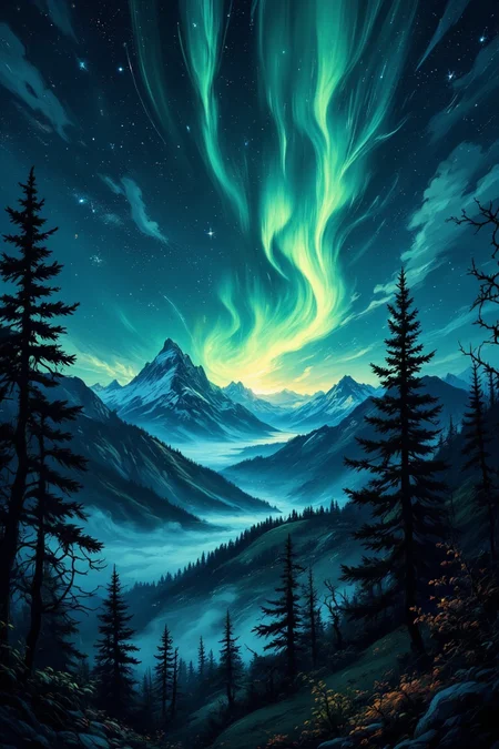 Spooky Art Drawing. The image depicts a breathtaking night scene featuring the Northern Lights, also known as the Aurora Borealis. The sky is illuminated with vibrant green and blue hues of the aurora, creating a stunning display against the backdrop of countless stars.
In the foreground, there are dark silhouettes of coniferous trees that add depth to the landscape. Below the trees, layers of mountains can be seen, some partially covered in snow. A mist or fog blankets the lower elevations, enhancing the mystical atmosphere of the scene.
Overall, the image captures the serene beauty of nature at its most enchanting moment under the celestial light show of the Northern Lights.,aidmafluxpro1.1