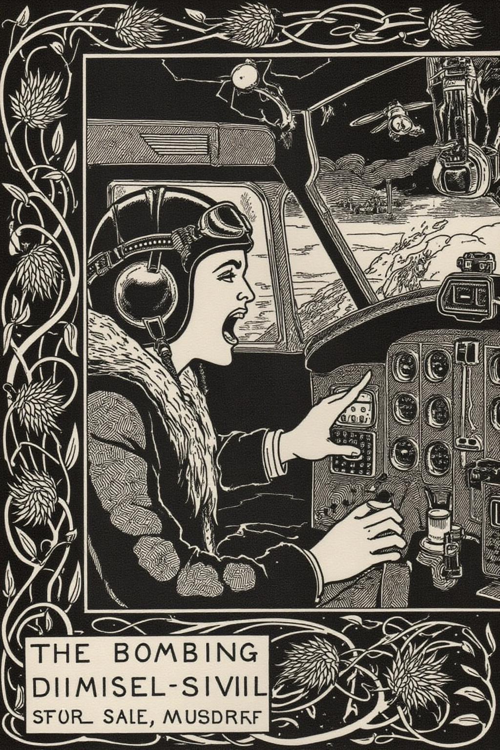 aubea1 illustration. A female pilot screaming inside the cockpit of a World War II bomber. The pilot, wearing a vintage leather flight helmet with goggles and a bomber jacket, grips the controls with white-knuckled hands. Her face is contorted in a mix of fear and determination as she yells, her eyes wide with adrenaline. The cockpit is cramped and filled with old-fashioned dials and gauges, with the outside view showing dark stormy clouds and distant anti-aircraft fire
Caption text box at bottom left corner says "The Bombing Mission" <lora:aubea2_cap_d6a3:1.0><lora:823983759419462123:0>