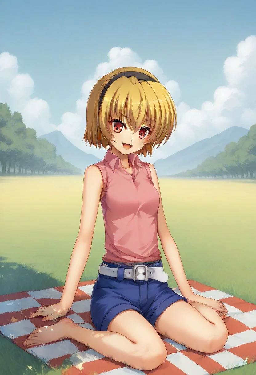 score_9, score_8_up, score_7_up, source_anime, 1girl, solo, (higurashi style, mangagamer style), (satoko houjou), casual outfit, picnic, grass, sky, outdoors, field background, sitting, full body, blonde hair, shorts, leaning on her arms, hairband, blue shorts, red eyes, short hair, fang, sleeveless, belt, open mouth, pink shirt, shirt, smile, sleeveless shirt, looking at viewer