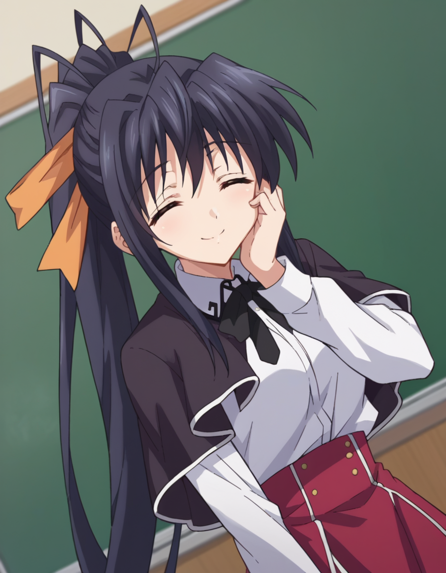 score_9, score_8_up, score_7_up, source_anime,
akenohimejima, <lora:akeno-himejima-ponyxl-lora-nochekaiser:1>,
akeno himejima, long hair, black hair, ribbon, very long hair, closed eyes, hair ribbon, ponytail, antenna hair, smile, hand on own cheek,
skirt, school uniform, shirt, white shirt, capelet, black capelet, long sleeves, red skirt,
indoors, classroom,
looking at viewer, dutch angle, cowboy shot,