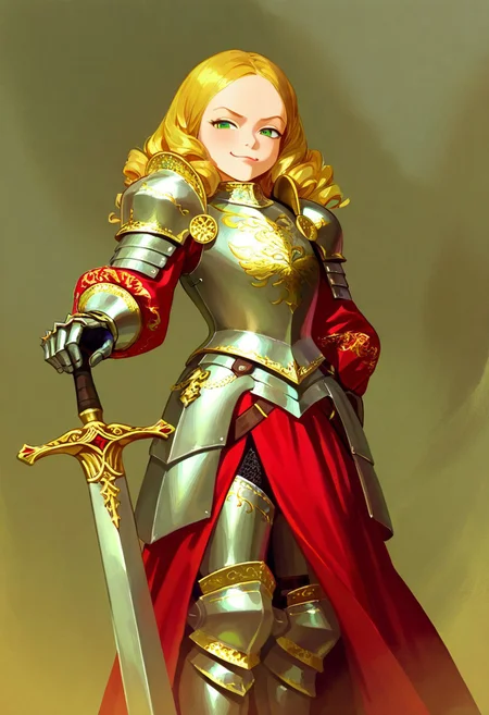 Strikingly beautiful girl, short girl, young girl, innocent, child curly golden hair, emerald green eyes, luscious lips, fair skin, slender and graceful figure, narrow waist,, wearing full plate armor, intricately crafted golden steel, lion motifs embossed on pauldrons and breastplate, crimson velvet accents, ornate filigree detailing, gauntlets with claw-like fingers, armored skirt for mobility, knee-high greaves, armored boots, holding a sword, childish and smug expression, faint smirk, tense atmosphere, cinematic, highly detailed