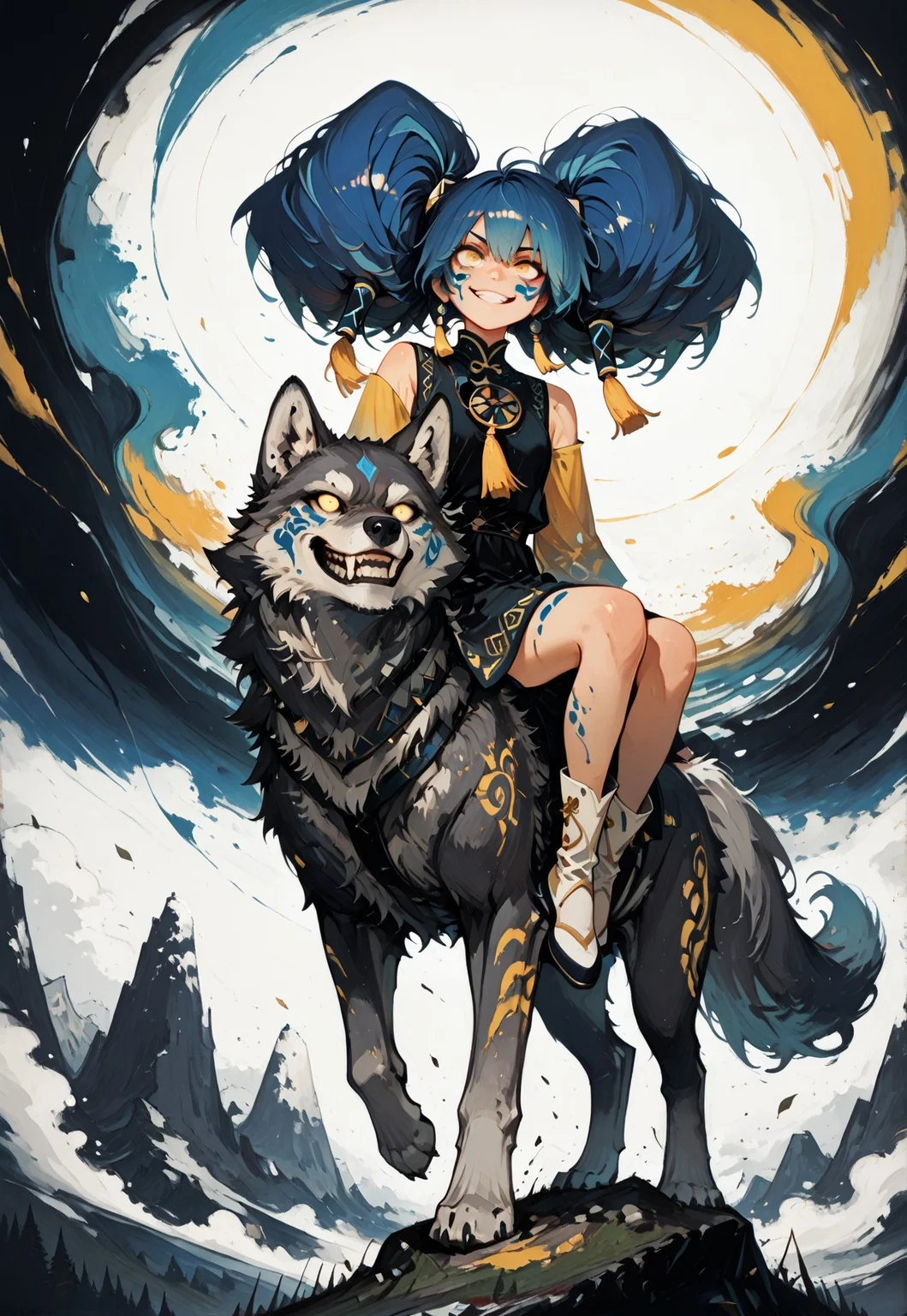 masterpiece, newest,absurdres,incredibly absurdres, best quality, amazing quality, very aesthetic, painterly, surreal,
1girl, tassel earrings, war paint, azure hair tubes, (big hair:1.3), grin, fierce eyes, sitting on wolf, riding on wolf, wolf doing a jump, wolf midair, wolf with grey fur, wolf with yellow eyes
 <lora:Taru__Fictional_Girl__Illustrious:1> Taru,