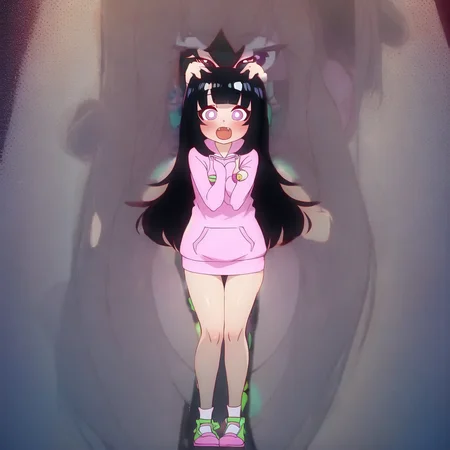 manyakis art style, a masterpiece cartoon of a girl posing, masterpiece, best quality, studio quality, full body, black hair, heart pupils, hoodie,