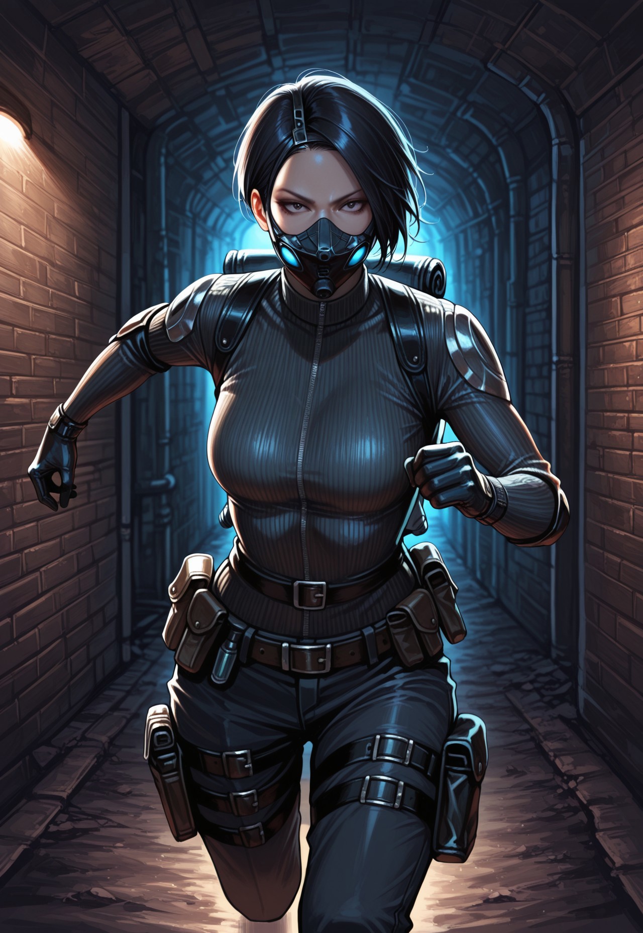 masterpiece, best quality, detailed, realistic, cowboy shot, serious, 1girl, solo, Yamata, short hair, black hair, mask, sweater, elbow pads, gloves, pants, belt, pouch, thigh holster, backpack, running, underground, sewer, brick walls, dim lighting,