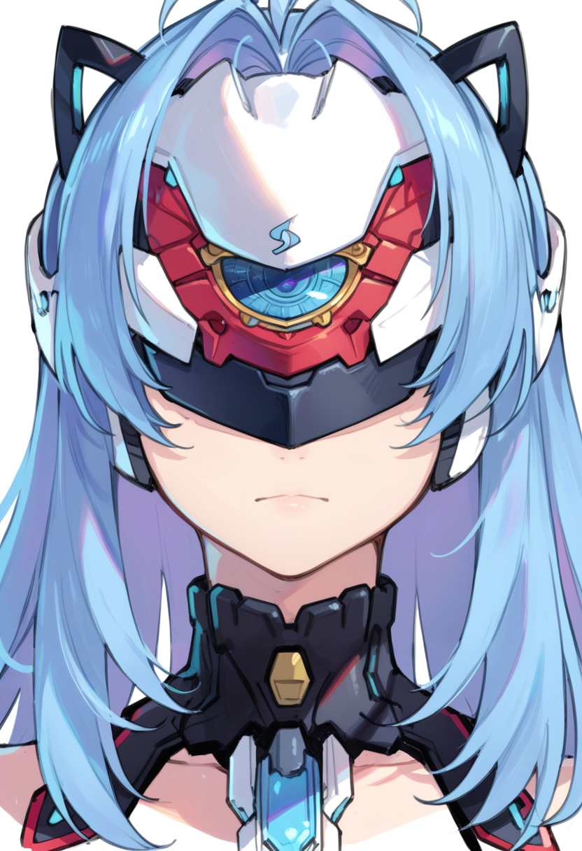 (score_9:0.9),score_8_up,score_7_up,rating_safe,anime style,(zPDXL),<lora:XB2 kos mos re ponyXL v1:0.73>,kos-mos re xb2,white forehead protector,1girl,solo,white background,simple background,portrait,closed mouth,looking at viewer,expressionless,single blue mechanical eye, forehead protector covered eyes