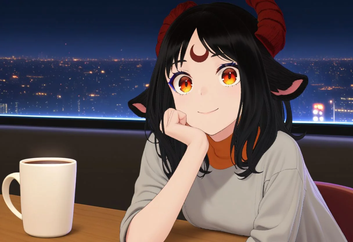 Aluki, 1 girl, solo, moon mark on forehead, jet black hair, orange eyes, black goat ears only, red goat horns, medium hair, orange eyes, blue eyeliner, no human ears, white dress, coffee mug, sitting, restaurant, fancy restaurant, (nighttime :1.2) ,( warm lighting :1) , hand on own face , smile, tired, head tilt, looking at viewer , head rest,