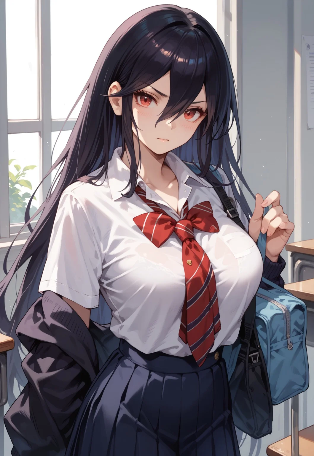 safe_pos, (score_9, score_8_up, score_7_up), flat_color, Levia, large breasts, red eyes, black hair, long hair, hair between eyes, school uniform,