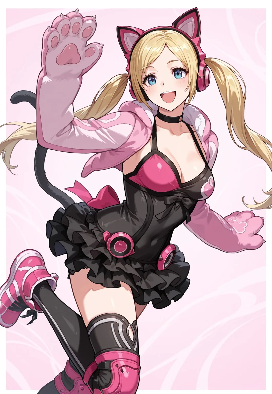 2d, rim light, animification, (1girl, lucky chloe \(tekken\),twintails,blonde hair,blue eyes), black choker / pink headphones,cat headphones,fake animal ears / two-tone crop top,bare shoulders / pink jaktet,animal hands / black skirt,miniskirt,frilled skirt / black thighhighs / pink knee pads / pink shose,pink sneakers / cat tail,fake tail, dynamic pose, whimsical background, cheerful, happy, dynamic angle, very awa, masterpiece, best quality, absurdres, detailed background, newest, perfect quality, intricate details
