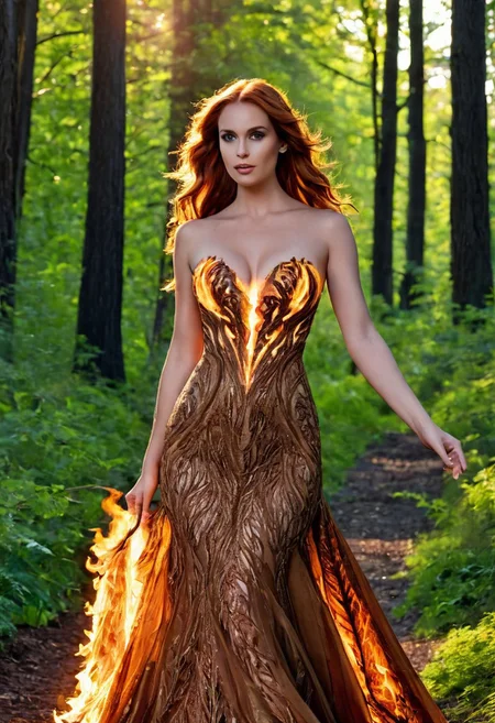 (score_9, score_8_up, (((realism, photograph), (photorealistic), realistic)), intricate detail), (soft lighting, sunset lighting), (beautiful woman, sexy woman, young woman, 20 years old, Celtic woman, (slender woman:1.7)), (detailed face:1.2), (smooth hair, long hair, auburn hair:1.8), (phoenix dress:1.1), (sleeveless, bare arms, strapless), (cleavage:1.6), walking in a forest, 8k uhd, dslr, high quality, film grain, Fujifilm XT3