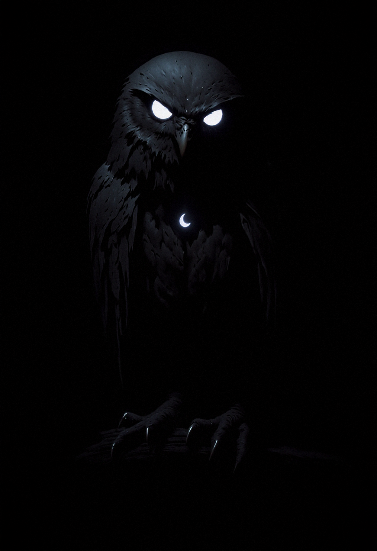 A dark owl with glowing, white-blue eyes perched against a black background. The owl's feathers are entirely deep black with a matte texture, reflecting no light. A small crescent moon symbol is visible on its forehead, glowing faintly with the same white-blue hue as its eyes. The owl is in a still, upright position, its sharp talons gripping an unseen perch in the darkness. The overall style is minimalistic with a focus on the contrast between the dark feathers and the glowing elements. The atmosphere is mysterious, mystical, and eerie, with no visible details of the surrounding environment.   <lora:FluxMythP0rtr4itStyle:0.53> MythP0rt, <lora:dark_fantasy_flux:0.83> <lora:FredFraiStyle-FLUX-Share:0.63> <lora:sxz-Dark-Fantasy-v2-Flux:0.33> drkfnts style, <lora:flux.1_lora_flyway_Epic-Characters_v1:0.43>