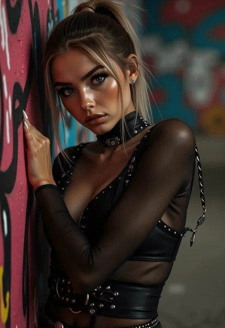 In an edgy urban environment, a young Scandinavian model poses dramatically, her fierce expression contrasting with the colorful graffiti backdrop. Dressed in a combination of high fashion and street style, the scene pulsates with energy and attitude. Shieldsâ unconventional approach captures the raw interplay of glamour and rebellion, making the moment feel alive and daring.<lora:MyLoras\Scandinavian Girls Oct4th\ScandiGirl_Style-000015.safetensors:1.0:1.0>