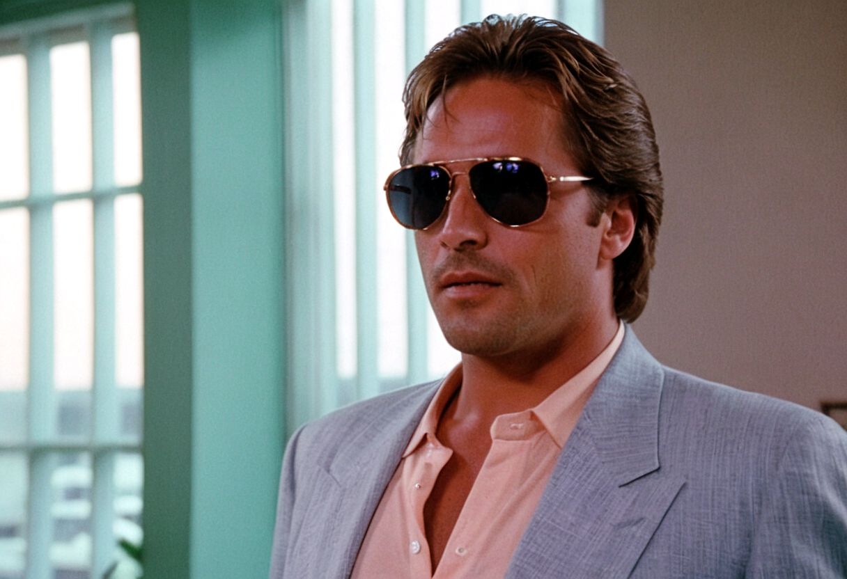 MiamiVice, Sonny Crockett, man, shades, closeup, office, back light, indoors, highly detailed, 4K, ((stylish grainy analog 35mm photo))