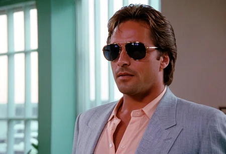 MiamiVice, Sonny Crockett, man, shades, closeup, office, back light, indoors, highly detailed, 4K, ((stylish grainy analog 35mm photo))