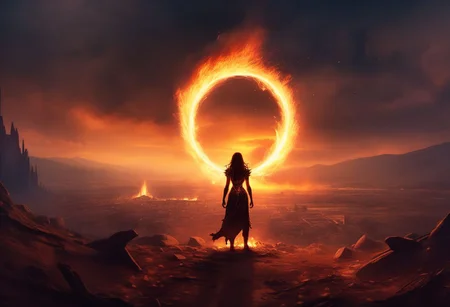 score_9, score_8_up, high quality, fire, 4k, fantasy setting, magic fire, 
massive, wide, scorched landscape littered with burned armor and weapons
kneeling in the middle of the wasteland is a, solo, silohuette of a tiny female sorceress with their hands held up to the sky with two concentric rings of fire above them destroying everything