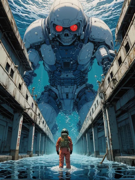 Quantum Ocean's Tides Transforms beyond the Ghostly Hall in the style of Katsuhiro Otomo