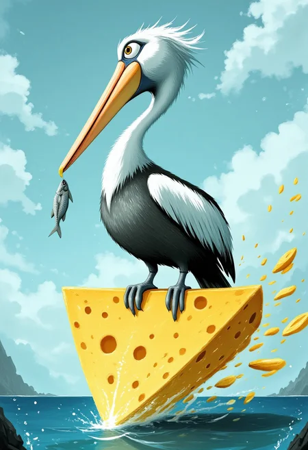 WackadoodleDaal, a pelican sitting on a large cheese wheel floating in the open sea, The pelican holds a fish in its beak