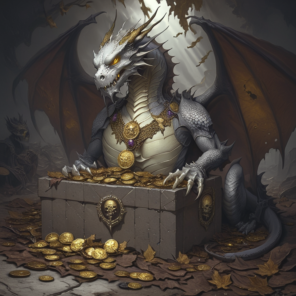 ArsMJStyle, dnddarkestfantasy,  <lora:DnD_Darkest_Fantasy_Party:1.2>,    <lora:add-detail-xl:1.2>,  Dragon's Hoard Curse, The picture shows a vast dragon's hoard, but with a dark twist. Gold coins turn to withered leaves at the edges. Skeletal remains of failed adventurers litter the pile. The dragon is a half-decayed corpse, still guarding its treasures. Cursed artifacts emit an eerie glow., no humans, dragon, treasure, curse, skeleton, decay, gold, magical artifacts, dark fantasy, undead, greed, ominous