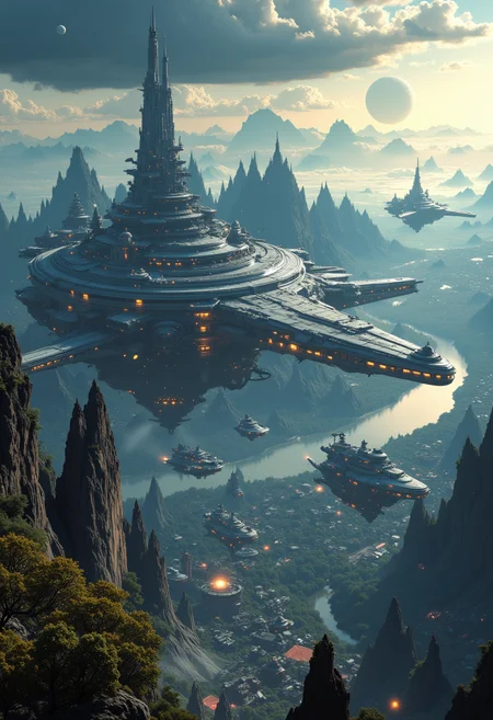A breathtaking view of an extremely advanced yet divine civilation. A civilzation where technology and nature are intermingled. High above in the sky is a large spacedock. Parked in it are several capital ships. Below the spacedock is an advanced civilization that covers the entire planet. Flying spaceships and transports zipping across the skies. Mega structures scattered throughout the entire screen, sci-fi elements. Advanced flying capital ships and smaller cruisers dot the sky. A large planet on the horizon. steampunk sci-fi ,game cg, light, Cinematic Lighting, fantasy,dreamlike, epic scale,