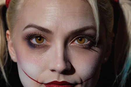 Close-up, (as Harley Quinn, clown makeup), grim smile, relaxed pose, portrait movie shot, serious, menacing, chiaroscuro style photo, dark background, minimalism, dramatic lighting, professional quality, dull highlights and shadows, natural and original
photorealistic, UHD, 32k, photo real, photo realistic, (skin detail), (skin pores), 
 detailed_eye_model <lora:detailed_eye_model:2>
