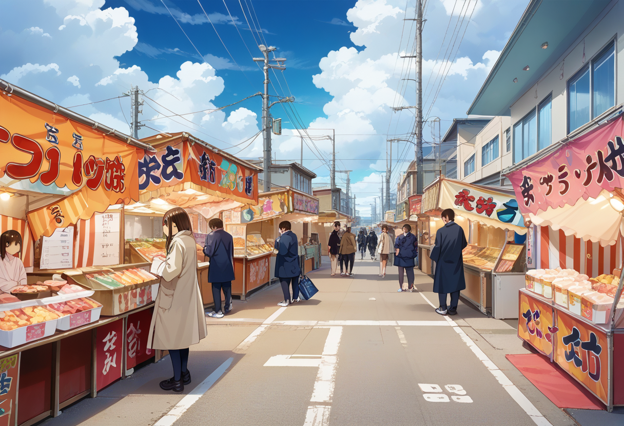 score_9, score_8_up, score_7_up, rating_safe, masterpiece, best quality, absurdres, unity 8k wallpaper, official art, official style, source_anime, uncensored, game cg, megami magazine,
omatsuri, food stand, outdoors, power lines, real world location, utility pole, sky, road, multiple boys, scenery, cloud, sign, street, day, multiple girls, 6+boys, food, building, city, holding, shop, bag, lamppost, blue sky, cloudy sky, coat, eating, realistic, photo background, photo (medium), photorealistic
<lora:omatsuri_PONY_V1:1>