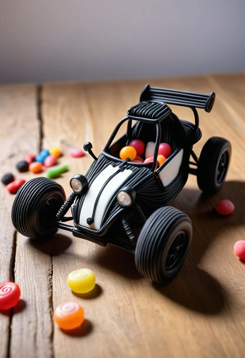 realistic, photograph, detailed photography, high quality, depth of field, tilt shift, white balance, volumetric lighting, close shot,
Jed-Lcrce,
Miniature racing buggy without driver, 1:16 scale racing buggy, the miniature racing buggy is made entirely out of black licorice, the seats are empty, the wheels are made out of gumdrops,
(the miniature racing buggy rests on a large wooden table), inside, hobby room, wooden table surface,
There are a few gumdrops and candies scattered on the table