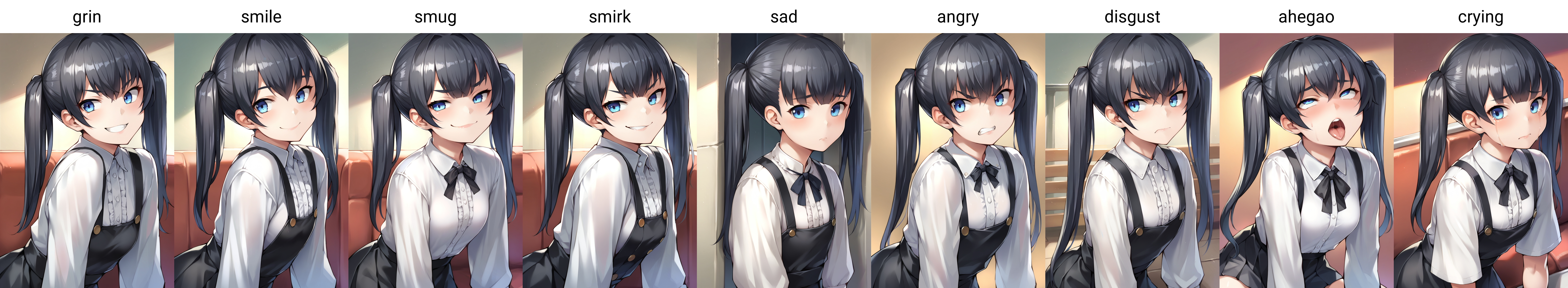 score_9, score_8_up, score_7_up, source_anime, 1girl,blue eyes,twintails, black hair, white blouse,  black skirt, grin,looking at viewer, from front, by bosshi <lora:Bosshi-Style-PonyXL-000042:1>