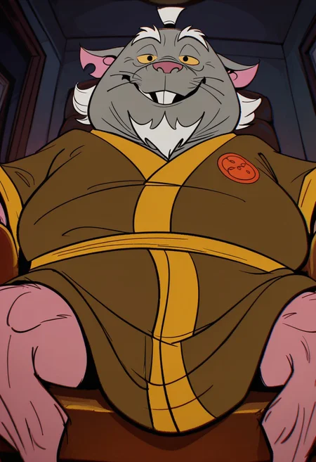 masterpiece, best quality, amazing quality, very aesthetic, absurdres, newest,  high quality, detailed, male, solo male, SplinterRise, 1boy, mature male, anthro, rat, facial hair, beard, gray fur, hairless arms, hairless legs, white hair, yellow sclera, black eyes, animal ears, fat, bottom heavy, looking at viewer, smiling, indoors, living room, sitting in lounge chair, half-body, bust shot