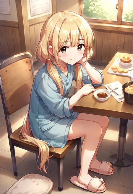 score_9, score_8_up, score_7_up, source_anime,futaba anzu, blonde hair, long hair, brown eyes, 1girl, twintails, solo, slippers, low twintails, table, looking at viewe, smile