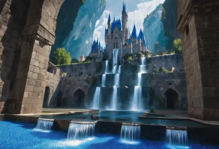 castle floating in the air, a waterfall flows from the castle to the ground, sharp faceted blue crystals decorate the castle, looking up from the ground view, see the underside of the castle