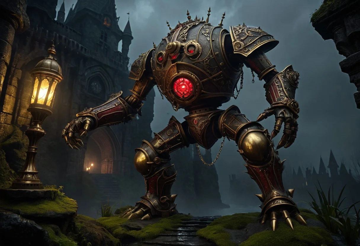 giant bipedal robot brass and dark ivory and red striped paint, bronze paisley robot. lacy robot metal. spiked helmet head. outside of a steampunk keep. large detailed torso. dark image. one forty foot tall ancient robot with great arms and two heavy spring legs. dark foggy night background. $dark foggy night image only. dark photo realistic image. steampunk details. cogs, chains and pipes incorporated in the fantasy buildings. magic wizards tower in background. Dark swamp, moss, castle ruins, wizards tower. stormy dark night. stormy sky. rain