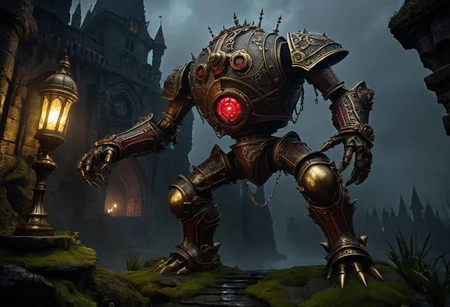 giant bipedal robot brass and dark ivory and red striped paint, bronze paisley robot. lacy robot metal. spiked helmet head. outside of a steampunk keep. large detailed torso. dark image. one forty foot tall ancient robot with great arms and two heavy spring legs. dark foggy night background. $dark foggy night image only. dark photo realistic image. steampunk details. cogs, chains and pipes incorporated in the fantasy buildings. magic wizards tower in background. Dark swamp, moss, castle ruins, wizards tower. stormy dark night. stormy sky. rain