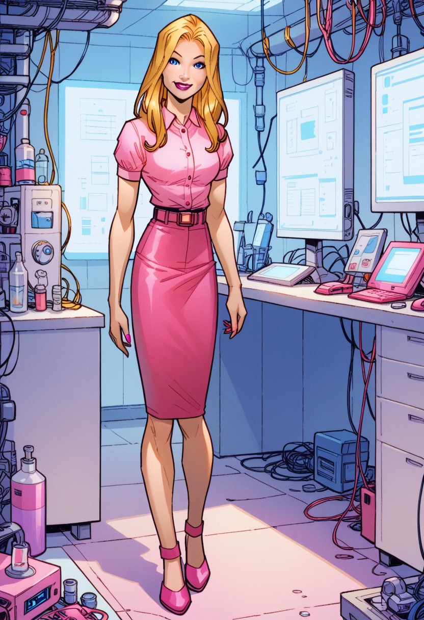 score_8, score_8_up, score_7_up, 1girl, female focus, solo, Katie_MC2, long hair, blonde hair, blue eyes, pink lips, lips, lipstick, breasts, pink nails, nail polish,  blouse, pink blouse, short sleeves, belt, pencil skirt, pink skirt, flats, pink footwear, looking at viewer, smile, full body, standing, arms at side, indoors, laboratory, computer, science fiction, full body