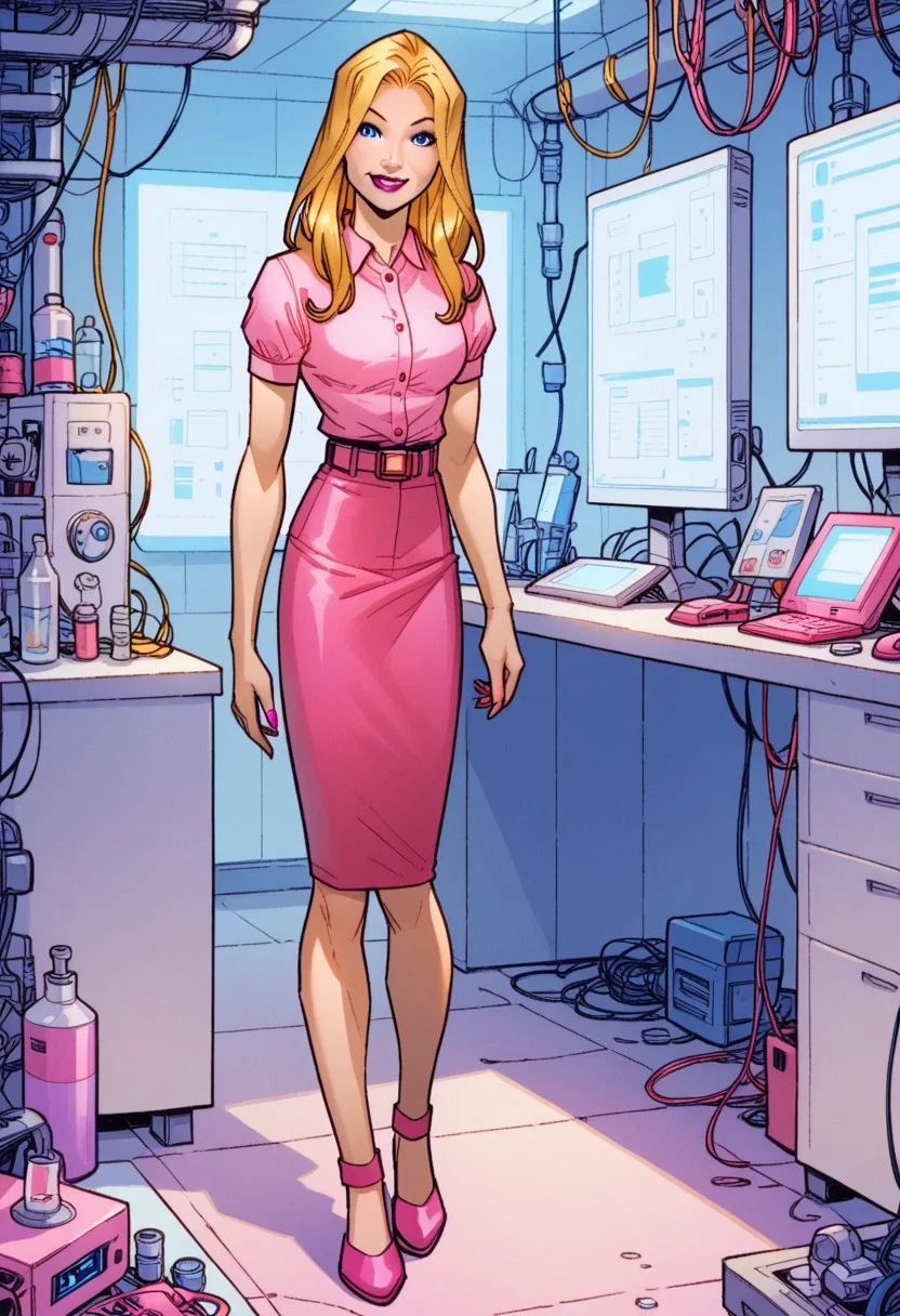 score_8, score_8_up, score_7_up, 1girl, female focus, solo, Katie_MC2, long hair, blonde hair, blue eyes, pink lips, lips, lipstick, breasts, pink nails, nail polish, blouse, pink blouse, short sleeves, belt, pencil skirt, pink skirt, flats, pink footwear, looking at viewer, smile, full body, standing, arms at side, indoors, laboratory, computer, science fiction, full body