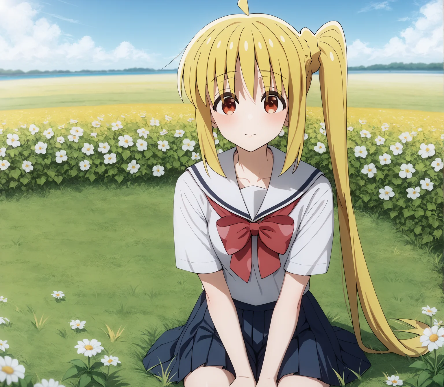 score_9, score_8_up, score_7_up, highres, hi res, best quality, masterpiece, 2d, intricate details, 4k, anime coloring, shadow, uncensored,
1girl, solo, female, :3, long hair, blonde hair, red eyes, ahoge, sidelocks, side ponytail, detached ahoge,
school uniform, serafuku, sailor collar, sailor fuku, pleated skirt, necktie, red bow, red necktie,
cowboy shot, three-quarter portrait, facing viewer, front view, sitting,
flower field, outdoors, grass, on grass, depth of field, motion blur, <lora:Nijika_Ijichi_1024_Pony:1>, ijichi nijika, bocchi the rock!,