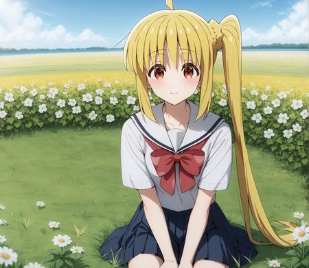 score_9, score_8_up, score_7_up, highres, hi res, best quality, masterpiece, 2d, intricate details, 4k, anime coloring, shadow, uncensored,
1girl, solo, female, :3, long hair, blonde hair, red eyes, ahoge, sidelocks, side ponytail, detached ahoge,
school uniform, serafuku, sailor collar, sailor fuku, pleated skirt, necktie, red bow, red necktie,
cowboy shot, three-quarter portrait, facing viewer, front view, sitting,
flower field, outdoors, grass, on grass, depth of field, motion blur, <lora:Nijika_Ijichi_1024_Pony:1>, ijichi nijika, bocchi the rock!,