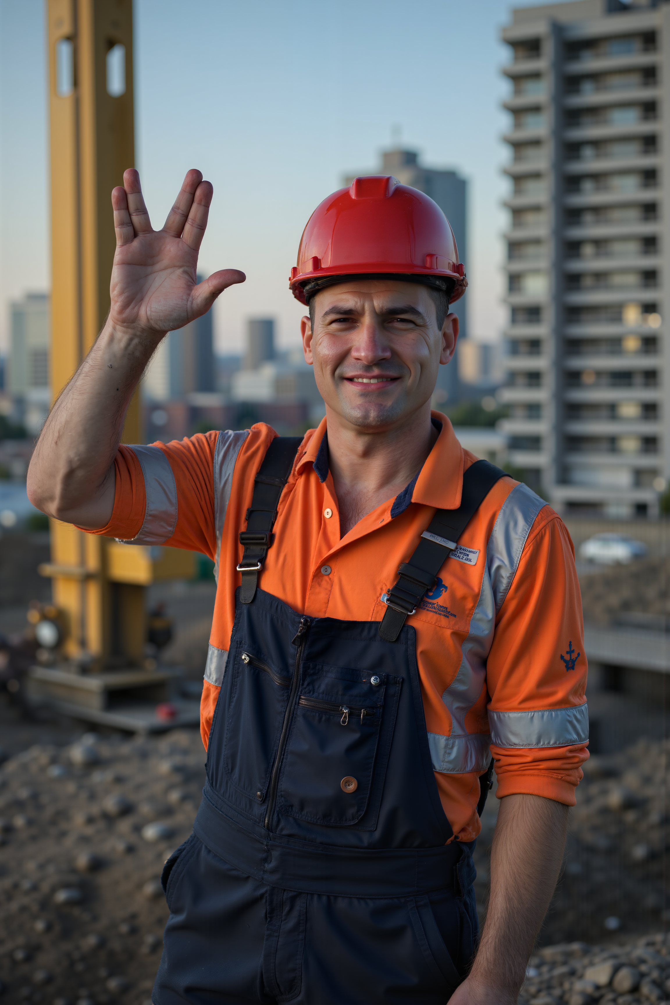 a construction worker on a construction site is giving a v-shaped vulcan salute hand gesture with extended thumb.Fantastic lighting. Detailed shadows.intricate details, vivid colors, hyper-detailed, ultra-sharp<lora:VULCANSALUTE_FLUX><lora:aidmaMJ6.1-FLUX-V0.1:0.6><lora:Movie_Portrait><lora:Flux DetailerV2>