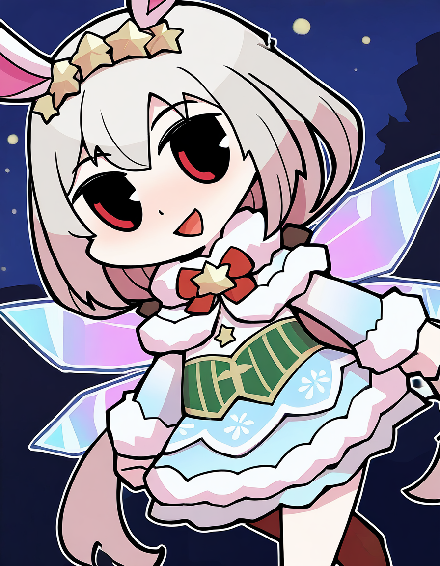 masterpiece, best quality, newest, absurdres, highres, safe, 1girl, irina kushu \(christmas costume\), magia record: mahou shoujo madoka magica gaiden, papa \(shimeguru\), smile, open mouth, wings, solo, night, outdoors, dutch angle, <lora:irina_kushu_noobaiXLNAIXL_vPred10Version:0.7>