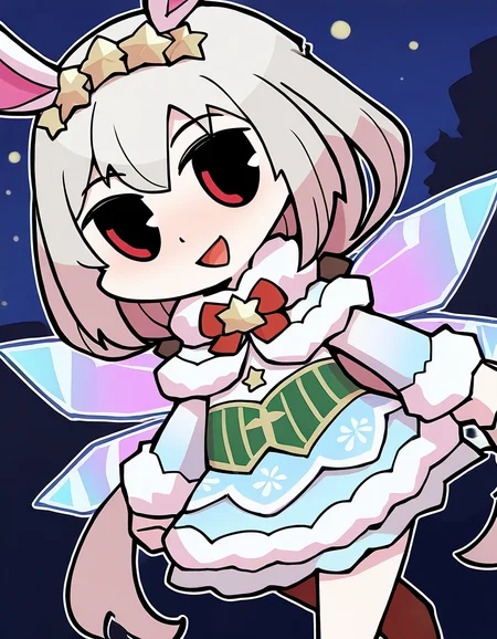 masterpiece, best quality, newest, absurdres, highres, safe, 1girl, irina kushu \(christmas costume\), magia record: mahou shoujo madoka magica gaiden, papa \(shimeguru\), smile, open mouth, wings, solo, night, outdoors, dutch angle, <lora:irina_kushu_noobaiXLNAIXL_vPred10Version:0.7>