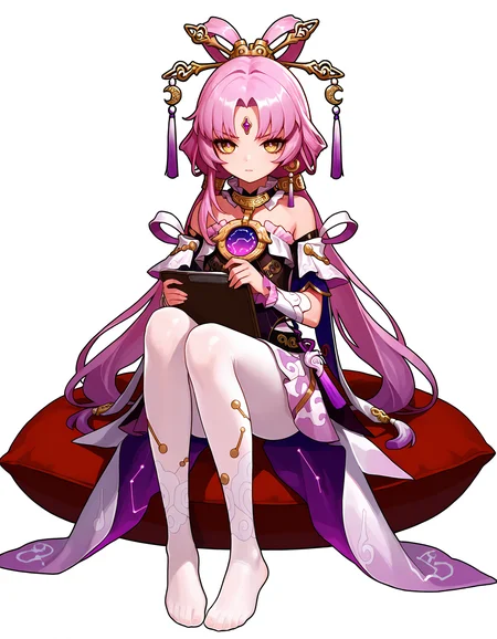 masterpiece,best quality,<lora:dnf_noob:0.8>,dnf,1girl, solo, pink hair, no shoes, white pantyhose, long hair, looking at viewer, pantyhose, white background, yellow eyes, feet, pillow, simple background, forehead jewel, bangs, hair ornament, sitting, holding, dress, very long hair, full body, jewelry, hair rings,fu xuan \(honkai: star rail\),